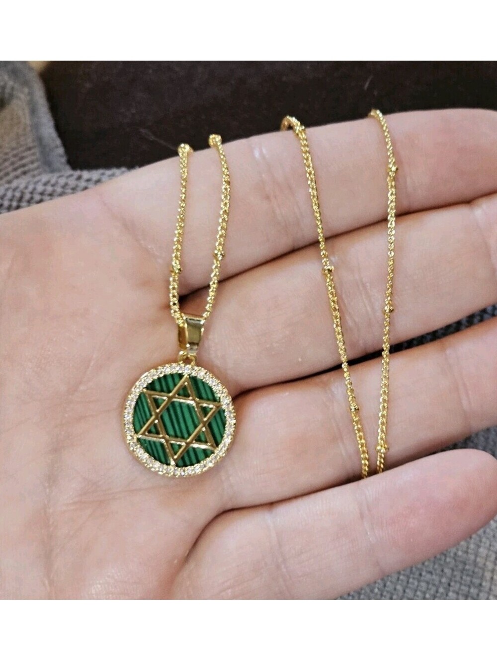 Green Malachite Magen David Star Pendant Necklace Gold-plated Gemstone CZ